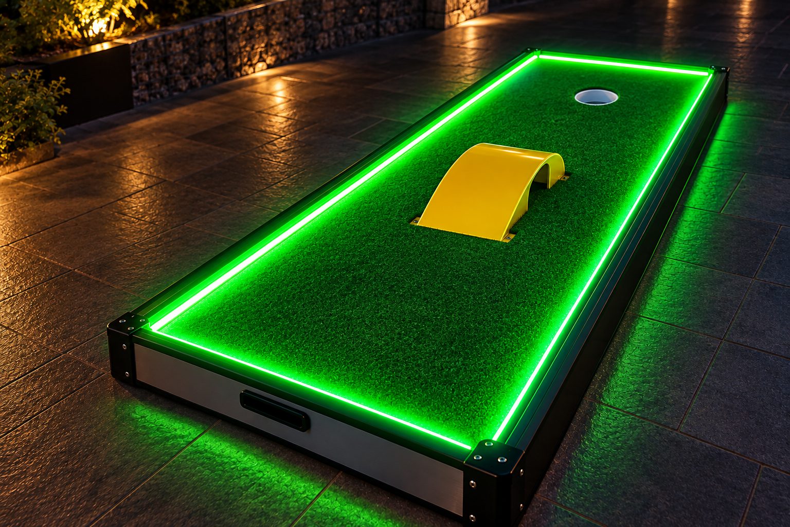 Mini golf course glowing green at a nighttime event