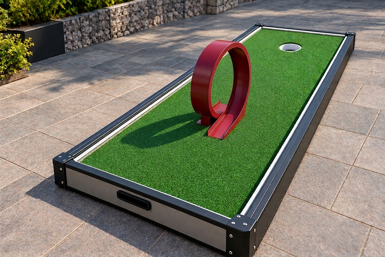 Portable mini golf lane with a red loop obstacle