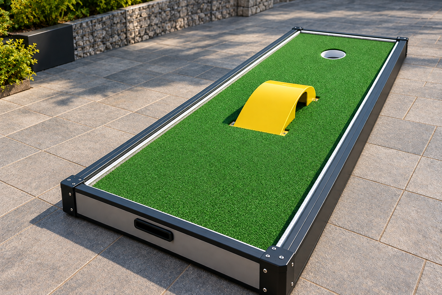 Mini golf lane with a bright yellow ramp obstacle