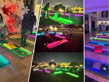 Collage of mini golf setups at indoor and outdoor events